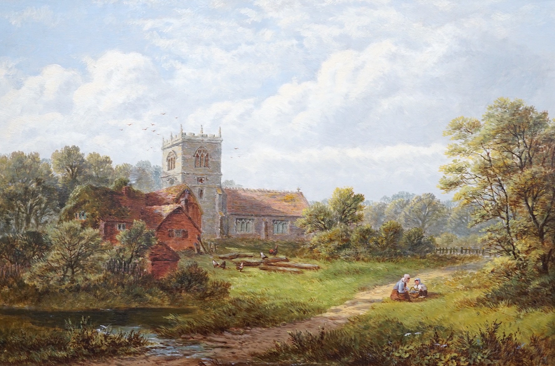 Robert Mann Jnr (1841-1892), oil on canvas, 'Lapley Church, Staffordshire from the meadows', 29 x 45cm